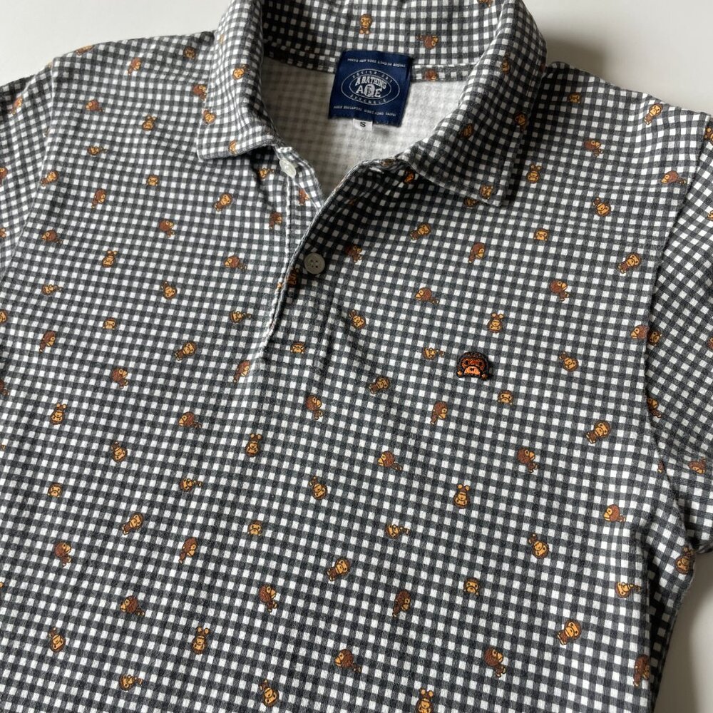 A Bathing Ape Polo Shirt Size S/XS Black White Gingham Baby Milo RARE